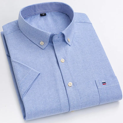 Men’s Plus Size Cotton Oxford Shirt – Short Sleeve, Plaid Stripes, Slim Fit Business Casual Style