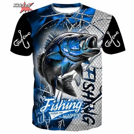 Men’s 3D Fishing Print Oversized T-Shirt – Short Sleeve Outdoor Top