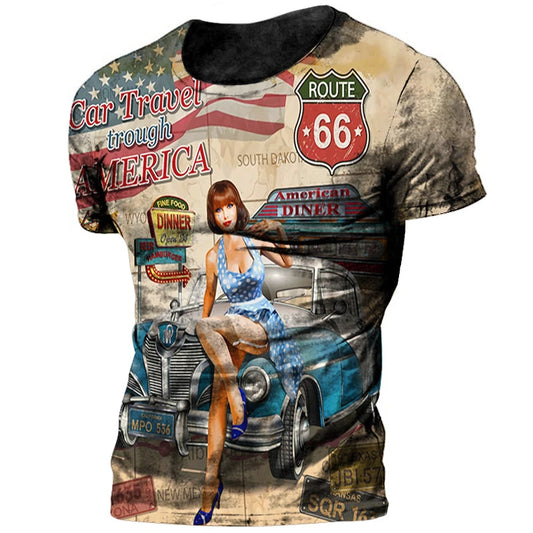 Men’s Vintage Route 66 3D Print T-Shirt – Oversized Short Sleeve