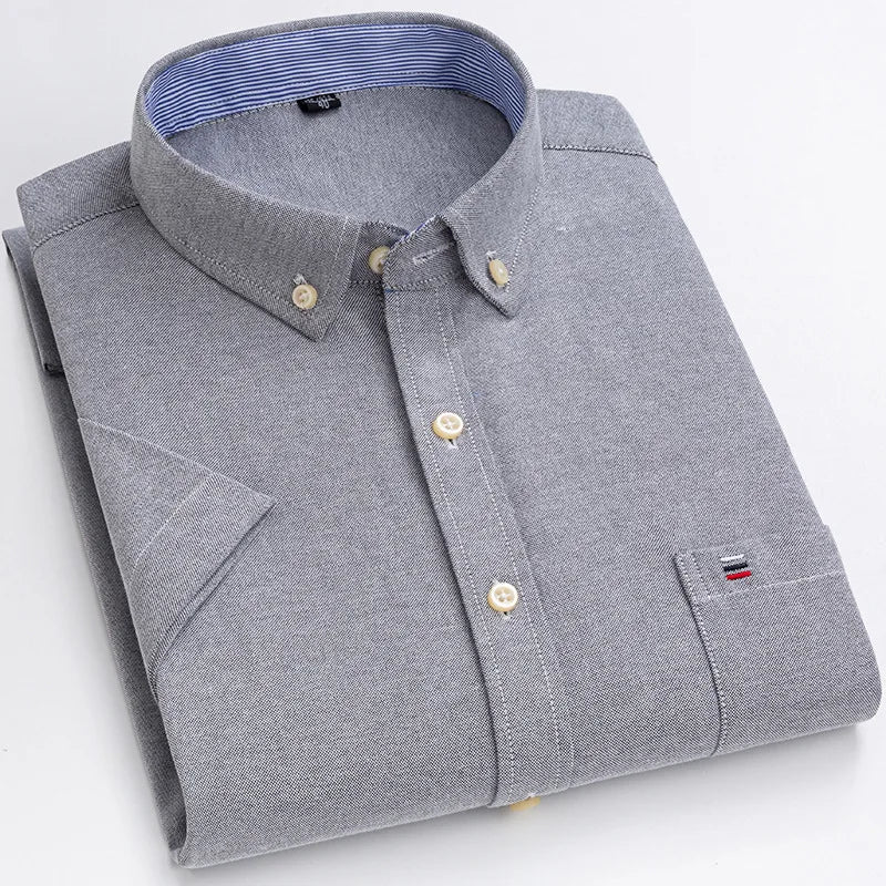 Men’s Plus Size Cotton Oxford Shirt – Short Sleeve, Plaid Stripes, Slim Fit Business Casual Style