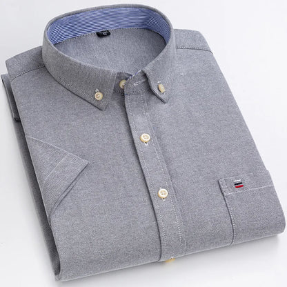 Men’s Plus Size Cotton Oxford Shirt – Short Sleeve, Plaid Stripes, Slim Fit Business Casual Style