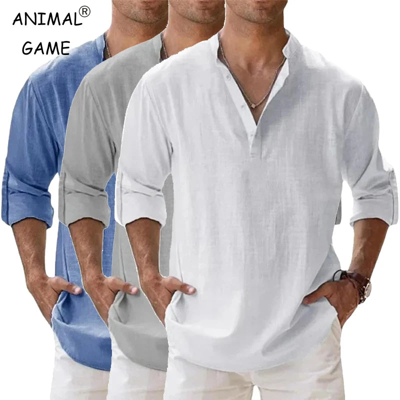 Men’s Cotton Linen Henley Shirt – Lightweight Long Sleeve Beach Style