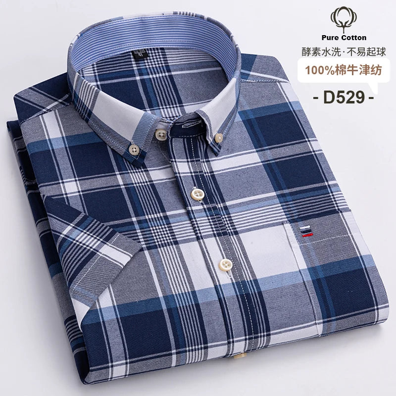 Men’s Plus Size Cotton Oxford Shirt – Short Sleeve, Plaid Stripes, Slim Fit Business Casual Style