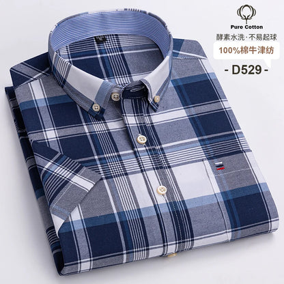 Men’s Plus Size Cotton Oxford Shirt – Short Sleeve, Plaid Stripes, Slim Fit Business Casual Style