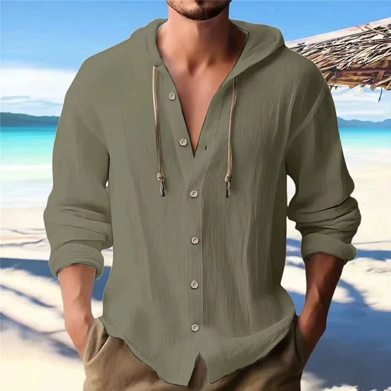 Men’s Linen Hooded Shirt – Long Sleeve, Loose Fit Casual Streetwear