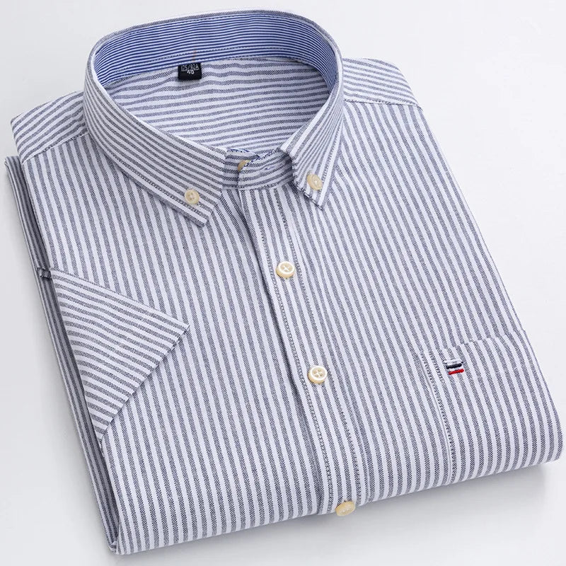Men’s Plus Size Cotton Oxford Shirt – Short Sleeve, Plaid Stripes, Slim Fit Business Casual Style