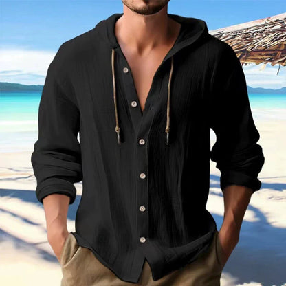Men’s Linen Hooded Shirt – Long Sleeve, Loose Fit Casual Streetwear