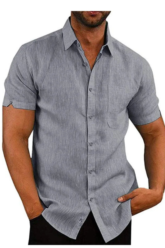 Men’s Linen Blend Button-Down Shirt – Short Sleeve, Chest Pocket, Casual Fit