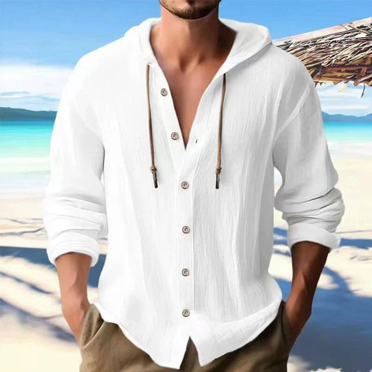 Men’s Linen Hooded Shirt – Long Sleeve, Loose Fit Casual Streetwear