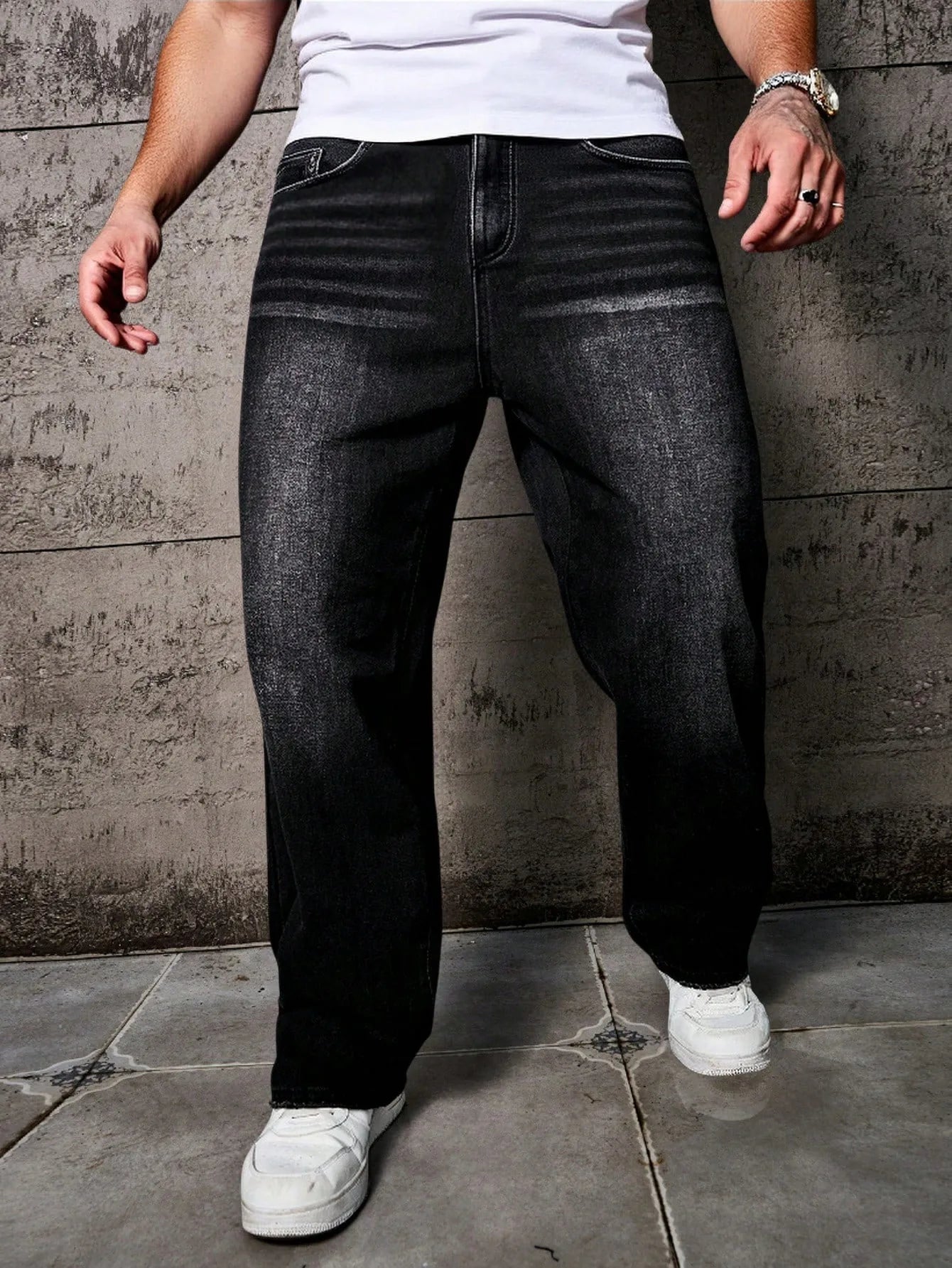 Men’s Black Washed Distressed Jeans – Loose Fit, Wide Leg