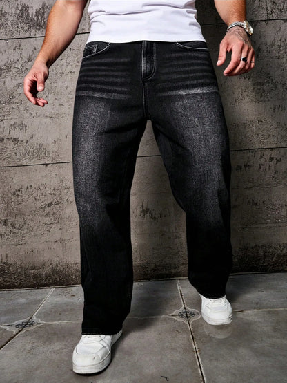Men’s Black Washed Distressed Jeans – Loose Fit, Wide Leg