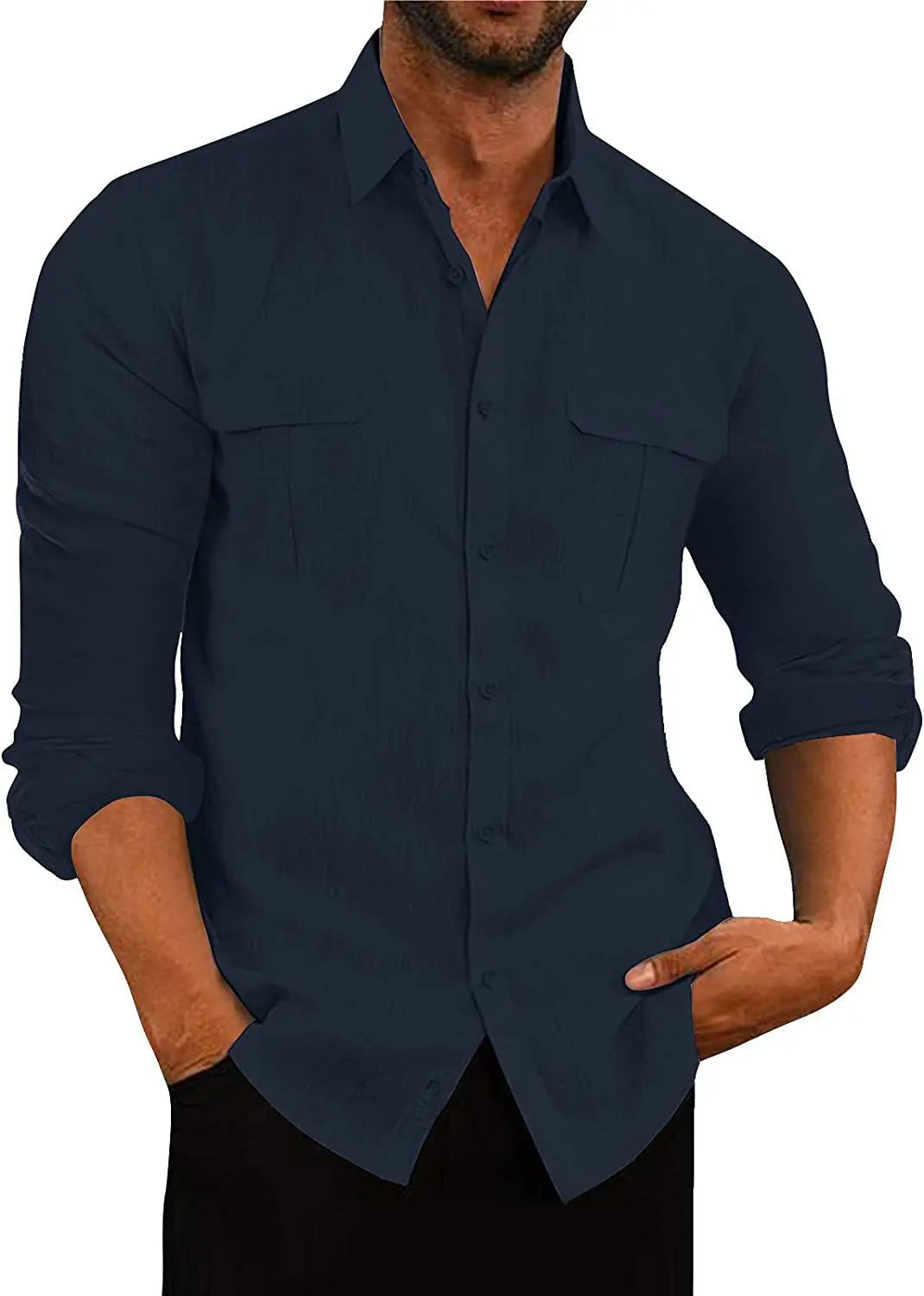 Men’s Cotton Linen Button-Down Shirt – Long Sleeve, Regular Fit, Chest Pockets