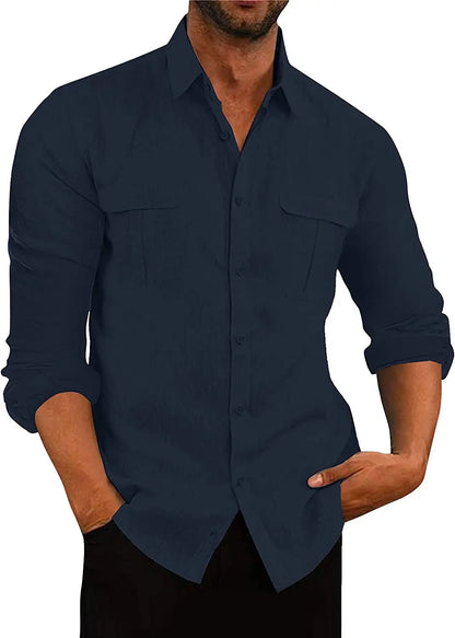 Men’s Cotton Linen Button-Down Shirt – Long Sleeve, Regular Fit, Chest Pockets