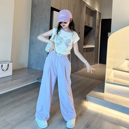 Teen Girls Cartoon 2-Piece Outfit – Color Block T-Shirt & Trousers Summer Sportswear Set for Kids