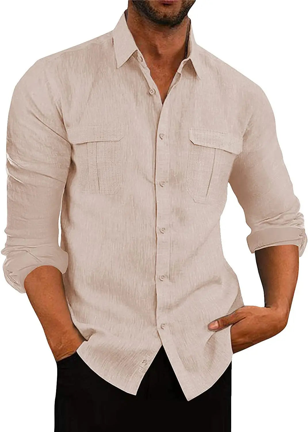 Men’s Cotton Linen Button-Down Shirt – Long Sleeve, Regular Fit, Chest Pockets