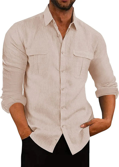 Men’s Cotton Linen Button-Down Shirt – Long Sleeve, Regular Fit, Chest Pockets