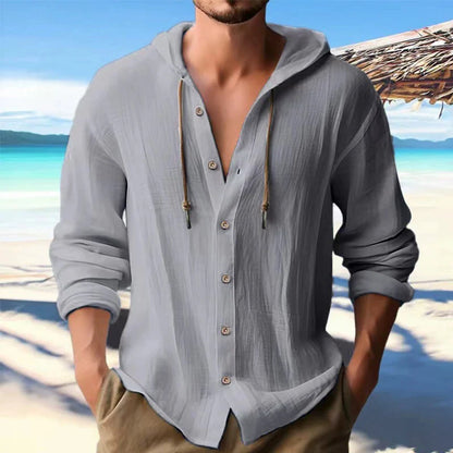 Men’s Linen Hooded Shirt – Long Sleeve, Loose Fit Casual Streetwear