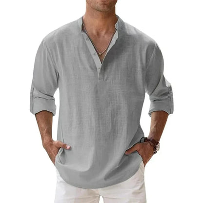 Men’s Cotton Linen Henley Shirt – Lightweight Long Sleeve Beach Style