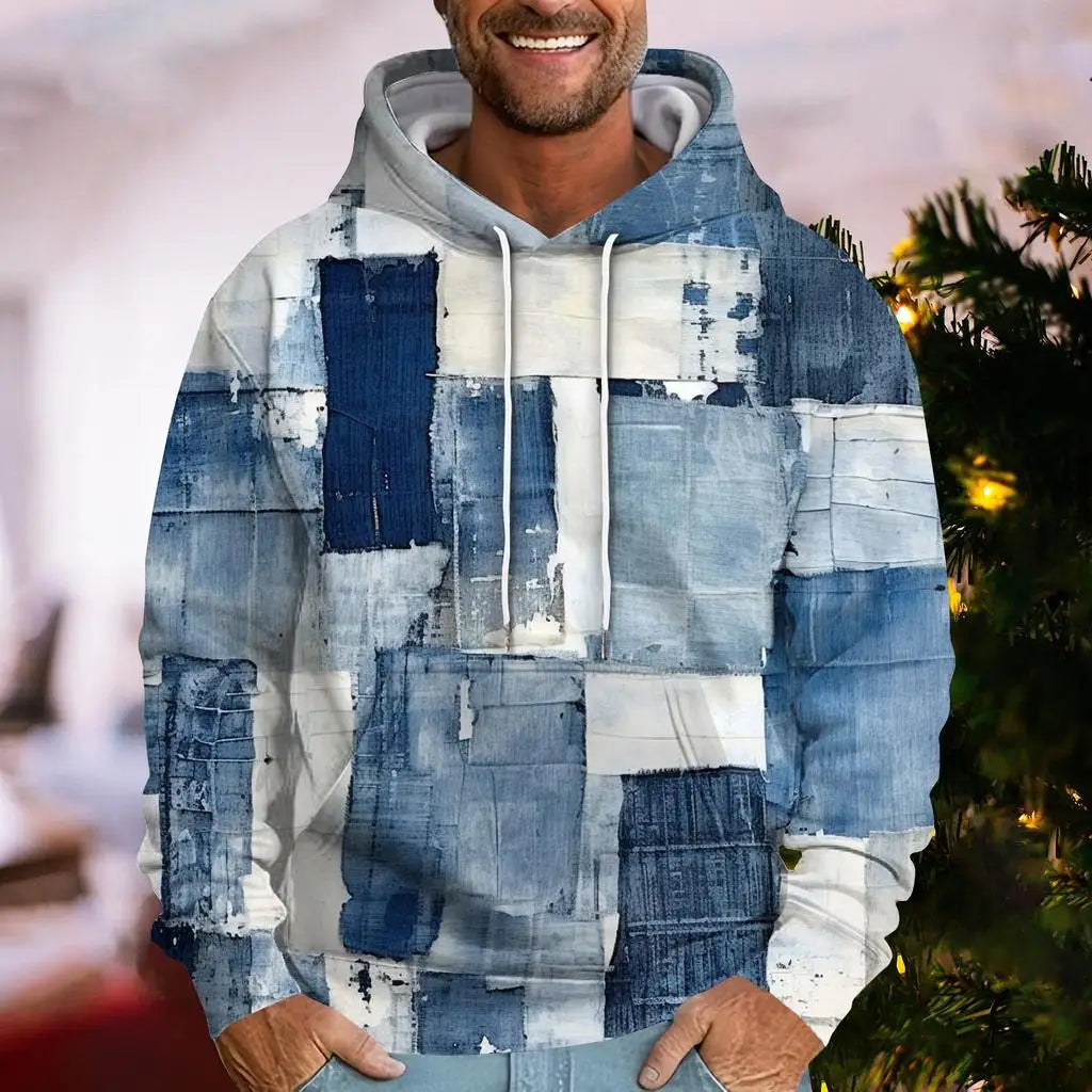 Denim Plaid Print Hoodie – Casual Loose-Fit Streetwear Sweatshirt for Men & Women