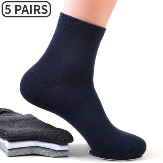 5 Pairs Men Business Socks Middle Tube Solid Color Black White Gray Blue