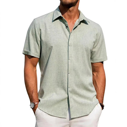 Men’s Casual Button-Down Shirt – Short Sleeve Linen Blend, Loose Fit