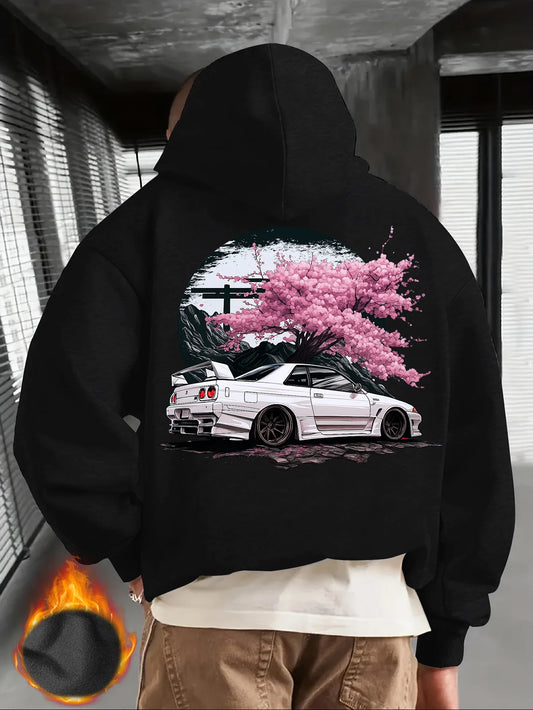 Men’s Black JDM Car Hoodie – Pullover with Cherry Blossom Back Graphic Print