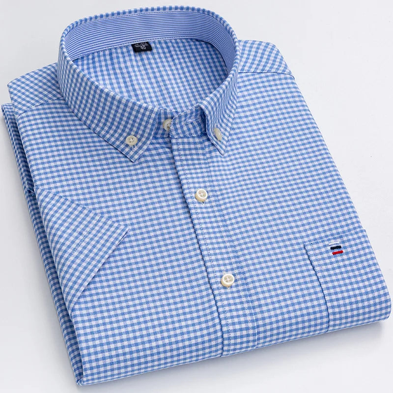 Men’s Plus Size Cotton Oxford Shirt – Short Sleeve, Plaid Stripes, Slim Fit Business Casual Style