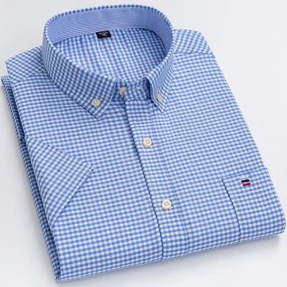 Men’s Plus Size Cotton Oxford Shirt – Short Sleeve, Plaid Stripes, Slim Fit Business Casual Style