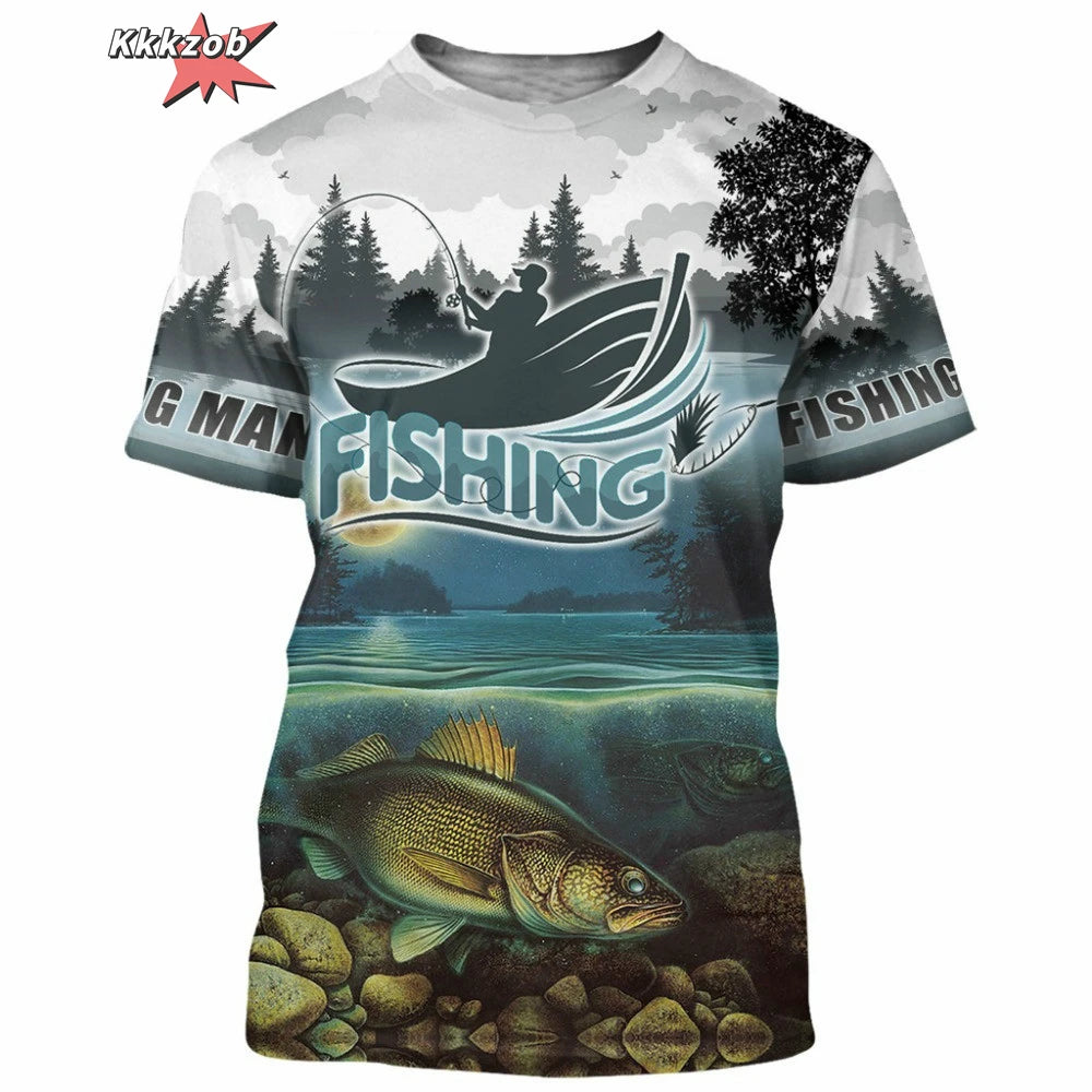 Men’s 3D Fishing Print Oversized T-Shirt – Short Sleeve Outdoor Top