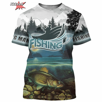 Men’s 3D Fishing Print Oversized T-Shirt – Short Sleeve Outdoor Top