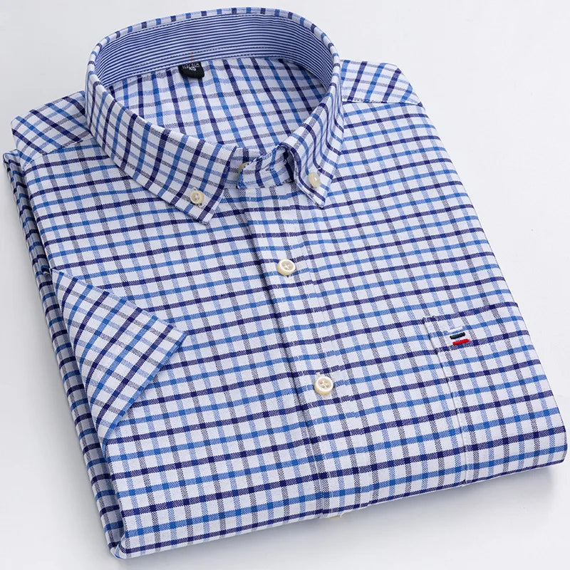Men’s Plus Size Cotton Oxford Shirt – Short Sleeve, Plaid Stripes, Slim Fit Business Casual Style