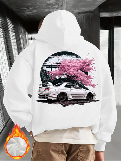 Men’s Black JDM Car Hoodie – Pullover with Cherry Blossom Back Graphic Print