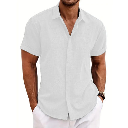 Men’s Casual Button-Down Shirt – Short Sleeve Linen Blend, Loose Fit