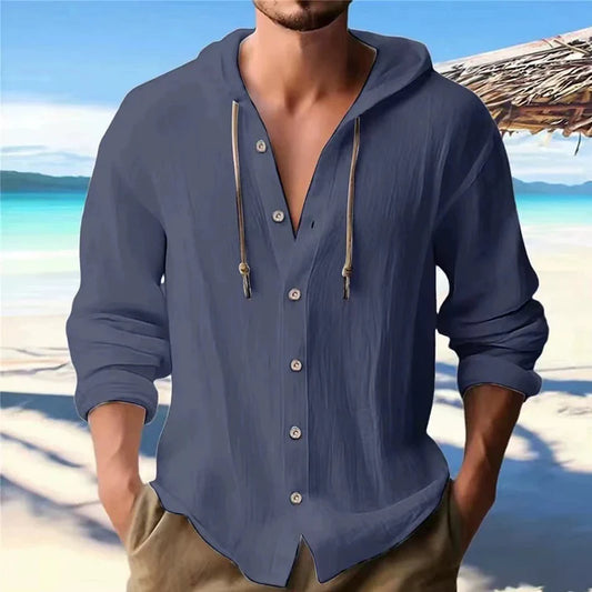 Men’s Linen Hooded Shirt – Long Sleeve, Loose Fit Casual Streetwear