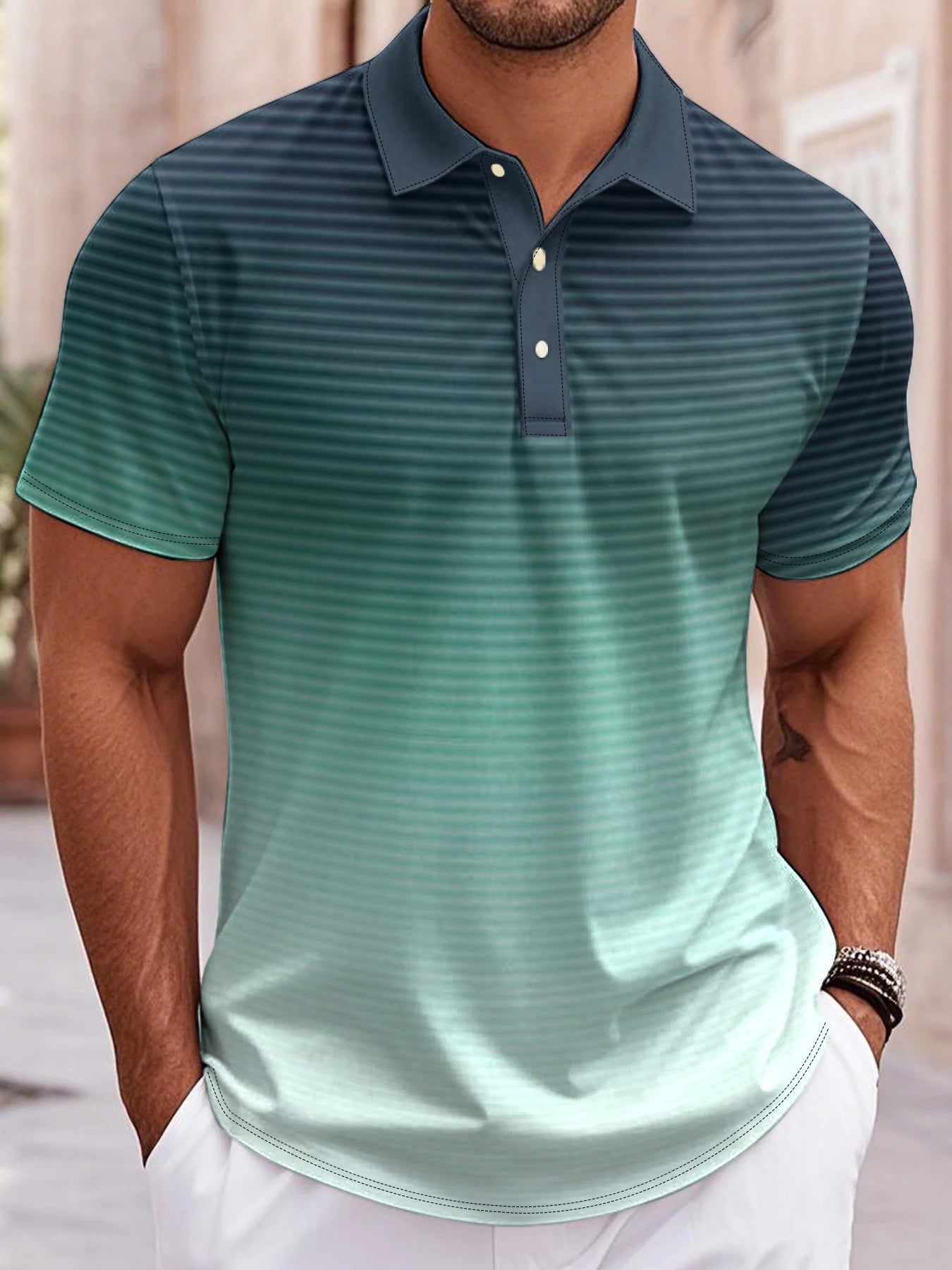 Men’s 3D Gradient Print Polo Shirt – Loose Fit, Button Lapel