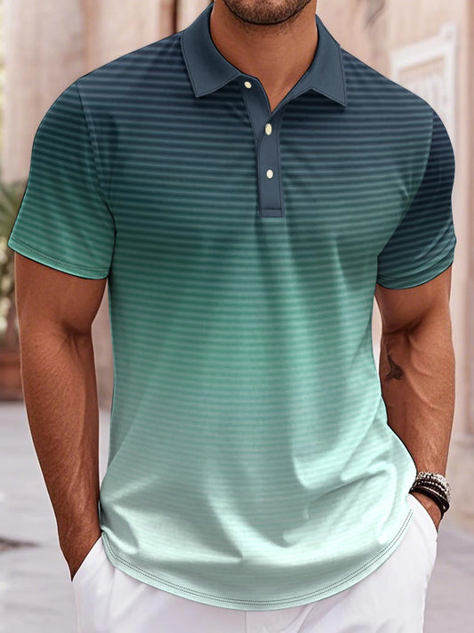 Men’s 3D Gradient Print Polo Shirt – Loose Fit, Button Lapel