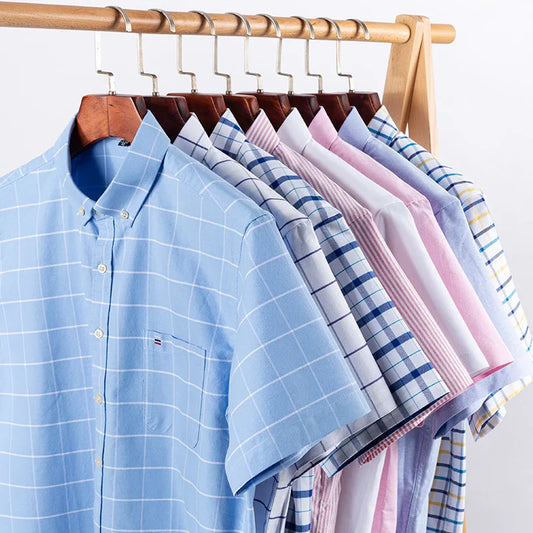 Men’s Plus Size Cotton Oxford Shirt – Short Sleeve, Plaid Stripes, Slim Fit Business Casual Style