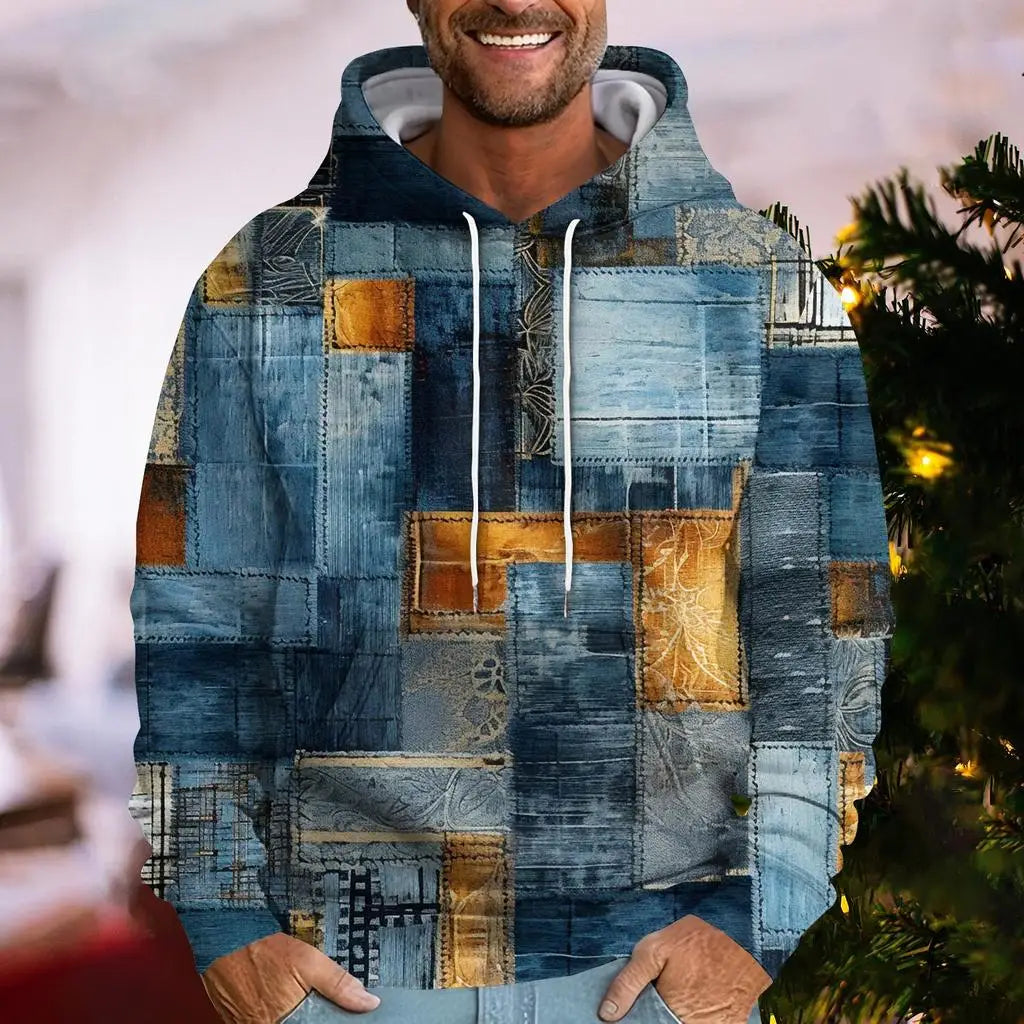 Denim Plaid Print Hoodie – Casual Loose-Fit Streetwear Sweatshirt for Men & Women