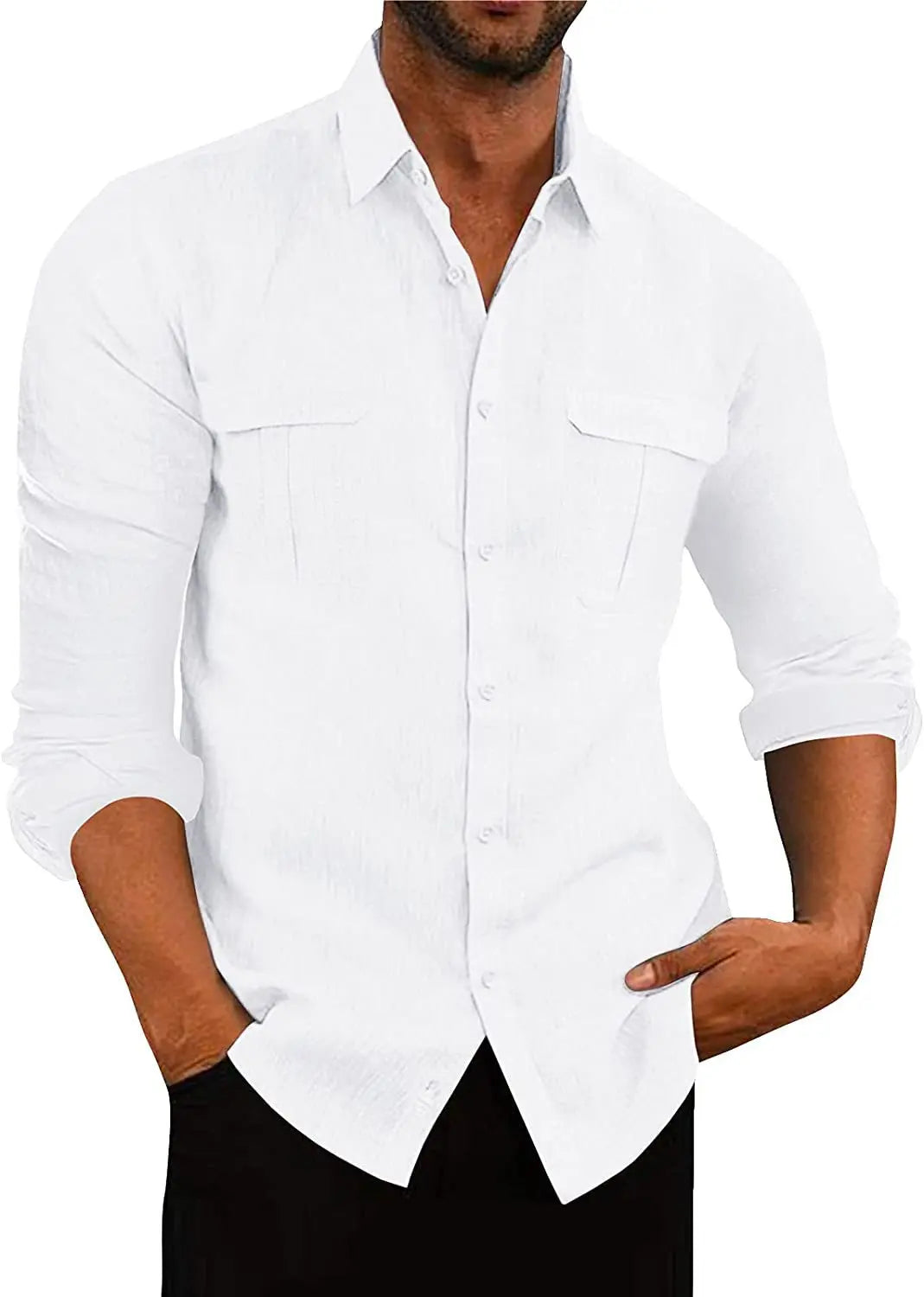 Men’s Cotton Linen Button-Down Shirt – Long Sleeve, Regular Fit, Chest Pockets
