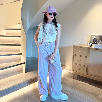 Teen Girls Cartoon 2-Piece Outfit – Color Block T-Shirt & Trousers Summer Sportswear Set for Kids