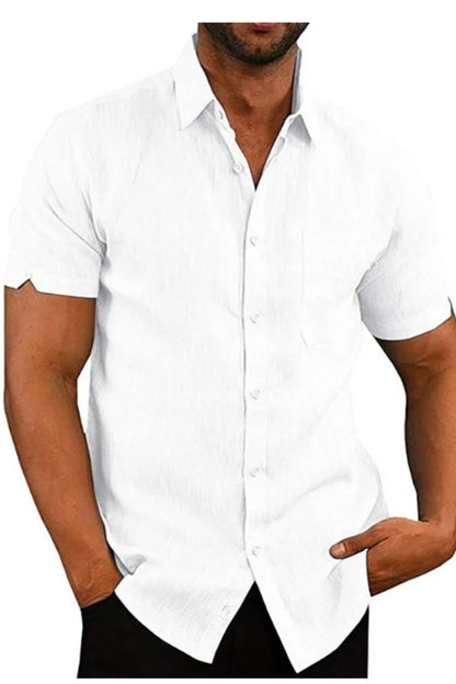 Men’s Linen Blend Button-Down Shirt – Short Sleeve, Chest Pocket, Casual Fit