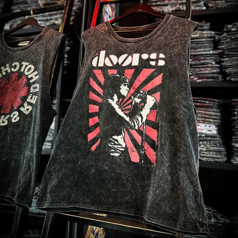 Men’s Vintage Washed Rock Band Tank Top – Sleeveless Cotton Gym Vest