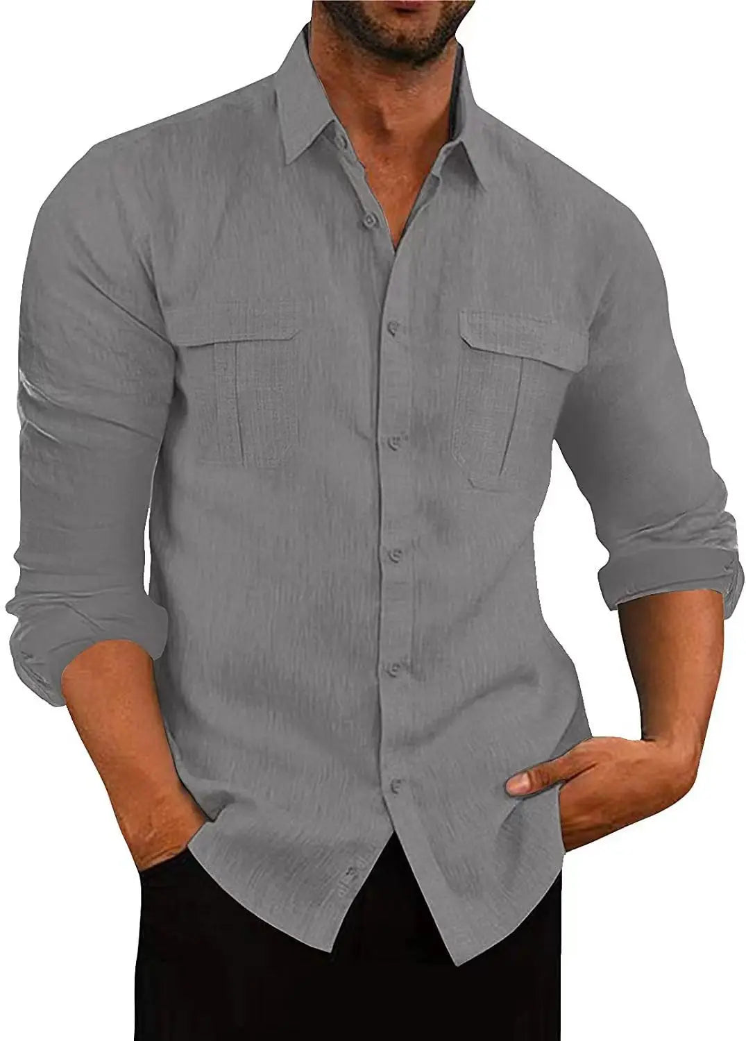 Men’s Cotton Linen Button-Down Shirt – Long Sleeve, Regular Fit, Chest Pockets