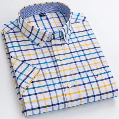 Men’s Plus Size Cotton Oxford Shirt – Short Sleeve, Plaid Stripes, Slim Fit Business Casual Style