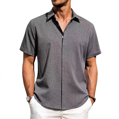 Men’s Casual Button-Down Shirt – Short Sleeve Linen Blend, Loose Fit