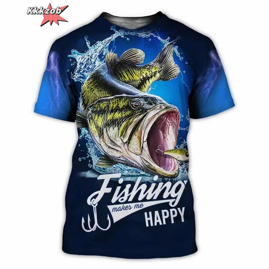 Men’s 3D Fishing Print Oversized T-Shirt – Short Sleeve Outdoor Top