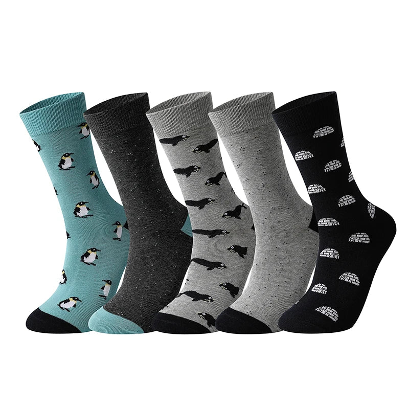 5-Pack Men’s Cotton Dress Socks – Funny Animal & Cartoon Print Casual Mid-Calf Business Socks