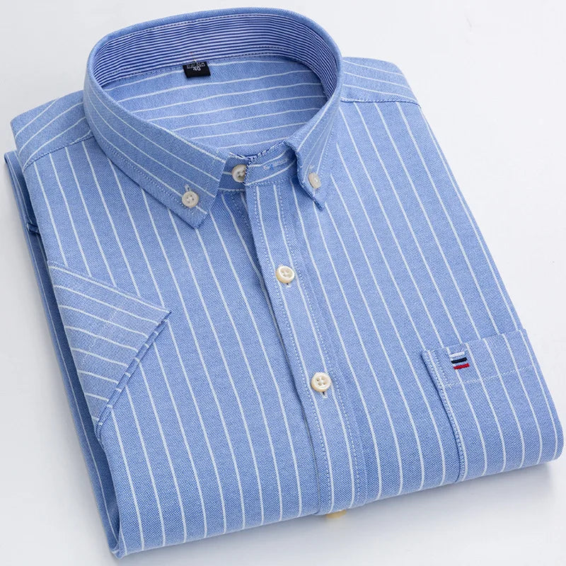 Men’s Plus Size Cotton Oxford Shirt – Short Sleeve, Plaid Stripes, Slim Fit Business Casual Style
