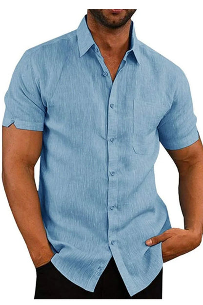 Men’s Linen Blend Button-Down Shirt – Short Sleeve, Chest Pocket, Casual Fit