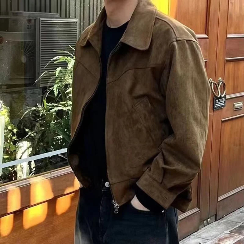 Men’s Vintage Suede Bomber Jacket – Retro Slim Fit Short Flight Coat for Streetwear Fashion